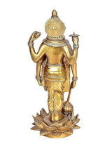 Back view brass Vishnu standing statue with lotus base and haloed head