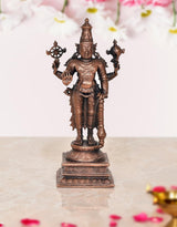Copper Lord Vishnu standing statue with multiple weapons, ornate base for home mandir