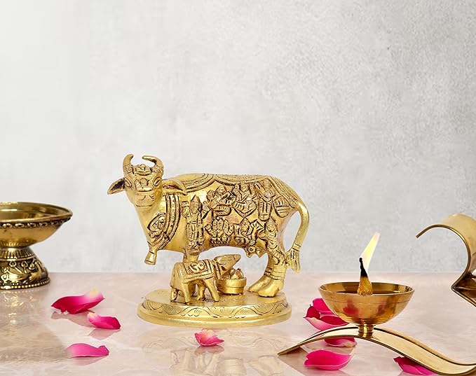 Golden brass cow with calf pooja mandir figurine, 4 inch height