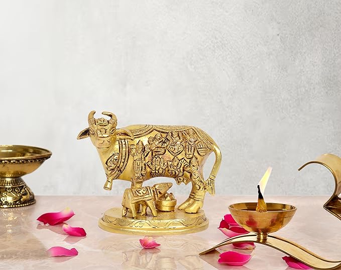 Brass Cow with Calf Pooja Mandir Home Decor Golden (Height 4 Inch)