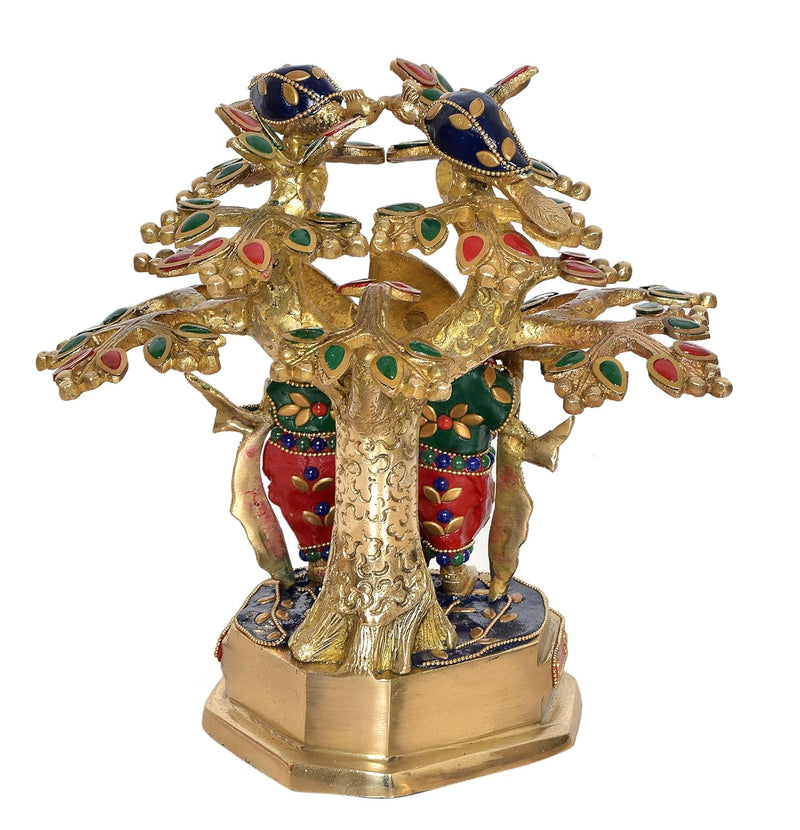 Brass Lord Radha Krishna Under The Tree Idol Figurine Sculpture Playing Flute Statue Decorative Showpiece, (Height 9.5 Inch)