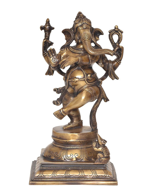 Brass Lord Dancing Ganesha Murti - Religious Statue for Home Office Mandir Temple Decor (Height 12.5 Inch)