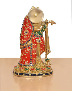 Rückansicht Radha-Krishna Messing-Idol, rundes Schmuck-Emblem, rotes Gewand, Perlenrand