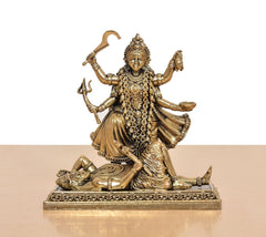 Brass Mahakaali with Shivji idol, full view, embellished jewelry and layered drapery