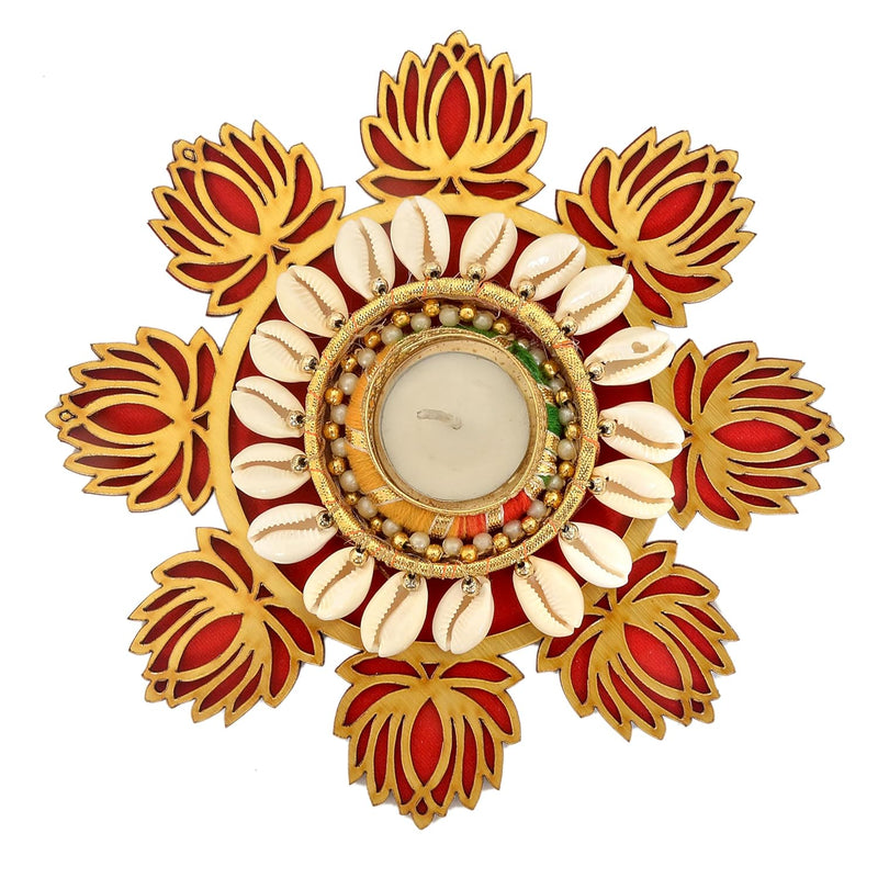 Tealight holder with cream petal edge, green bead ring, and red-and-gold lotus outer design