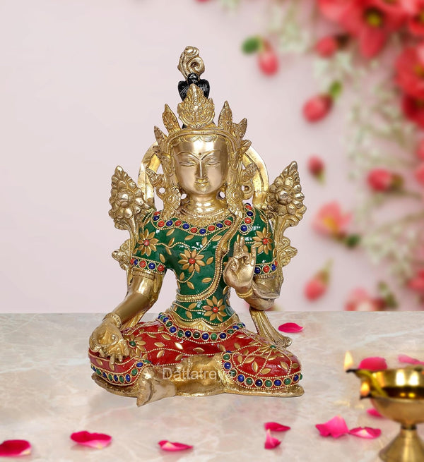 Brass Tara Devi Buddha Religious Statue for Home Decor Multicolor (Height 10 Inch)