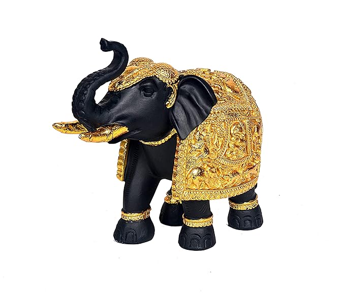 Resin Royal Elephant with Golden Carving Figurine Decorative Showpiece Home Decor Table Decor Gift Item Multicolour Height 8 Inches