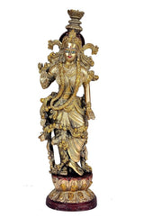 Brass Radha Rani figurine facing front, detailed jewelry and flowing attire, on base