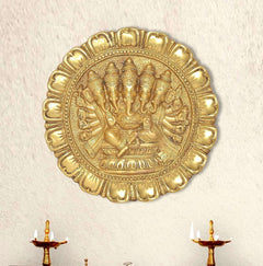 Brass Panchmukhi Ganesha wall hanging with five-faced relief in round frame