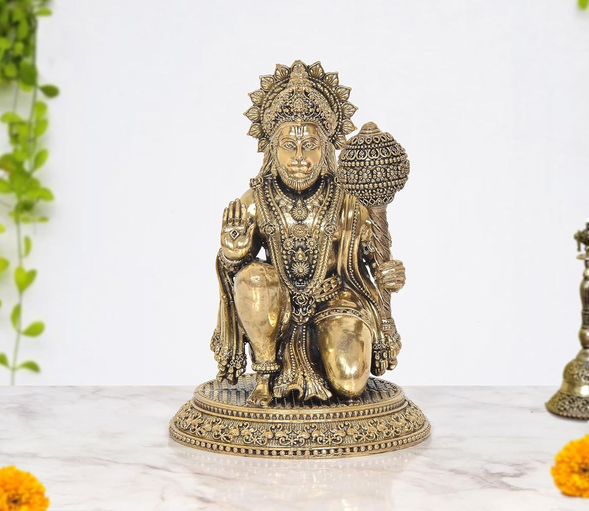 AONA Superfine brass Hanuman JI sitting sculpture, ornate gold-tone details, 8 inch