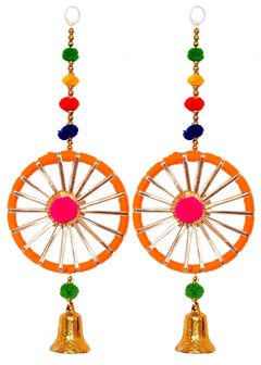 Latkans toran pack: two orange striped round hoops with pink center, green pom, and gold bell