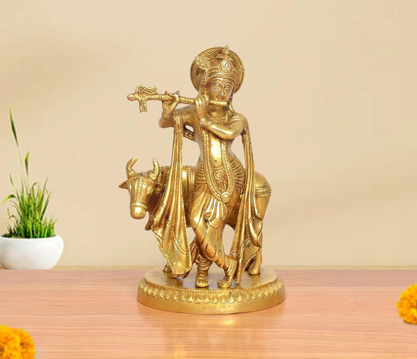 Brass Lord Krishna Playing Flute with Cow Idol (Height 9 Inch)