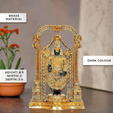 Brass Venkateshwara idol in dark tone, detailed carvings and arched frame