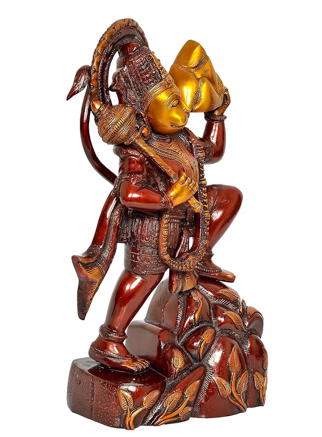 Brass Hanuman JI with Mountain Statue Idol Sculpture Statue Home Decor (Height: 17 Inch)