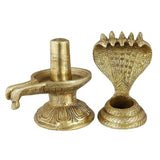 Brass Shiva lingam statue side view, cobra canopy and circular open base bowl