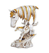 Resin horse with rider figurine, white coat and gold-striped mane, rearing pose