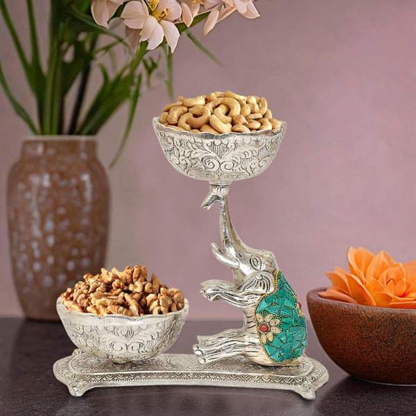 Metal Elephant Dry Fruit Bowl Showpiece Gold Polish for Home Decor Room Table & Gift Diwali,Raksha Bandhan (Height 8 Inch) (Silver Multicolor Elephant)