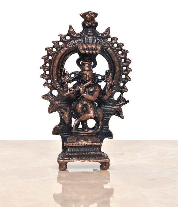 Copper Lord Krishna Playing Flute with Cow in Arch Idol Figurine Sculpture Playing Flute Statue Decorative Showpiece, (Height 3 Inch)