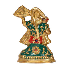 Brass Hanuman idol statue from rear side, 6-inch, green dress with gold floral trim