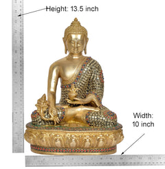 Gold brass Buddha statue with measuring ruler beside, dhyan mudra and jeweled robe