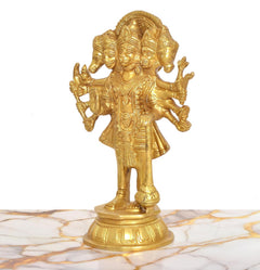 Brass Panchmukhi ten-armed Hanuman idol, side view showing detailed arm positions