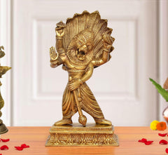 Brass Lord Narasimha idol of Vishnu, golden finish, standing with fan-like halo