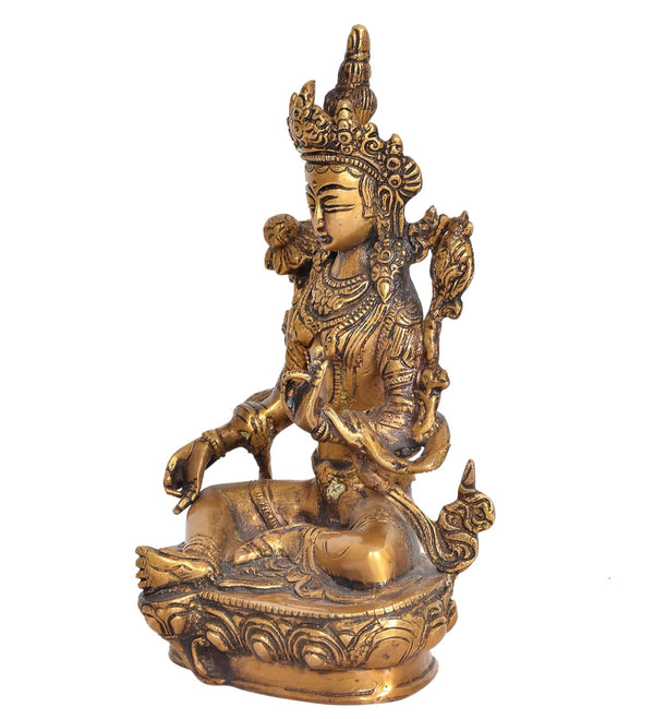 Brass Tara Devi Statue - Green Tara for Worship, Meditation Spaces, for Home Decor and Office, or as a Thoughtful Spiritual Gift. Height 8 Inch Study Setting