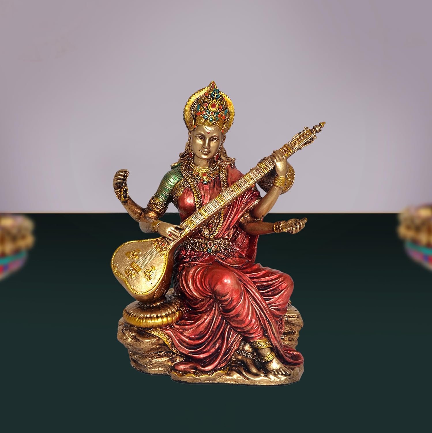 Saraswati Idol - Sculpture Hindu Goddess of Knowledge, Music (Resin, Multicolour) Height 6" inches