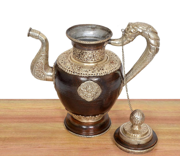 Traditional Himalayan Brass Teapot Tea Kettle Decorative Showpiece (Height: 15 Inches) Study Setting