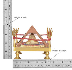 Brass Shri Yantra chowki with measurements: height 4 inch, width 4.5 inch, pyramid and red thread