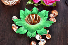 Brass lotus leaf decorative diya with green petal base and central bowl holder