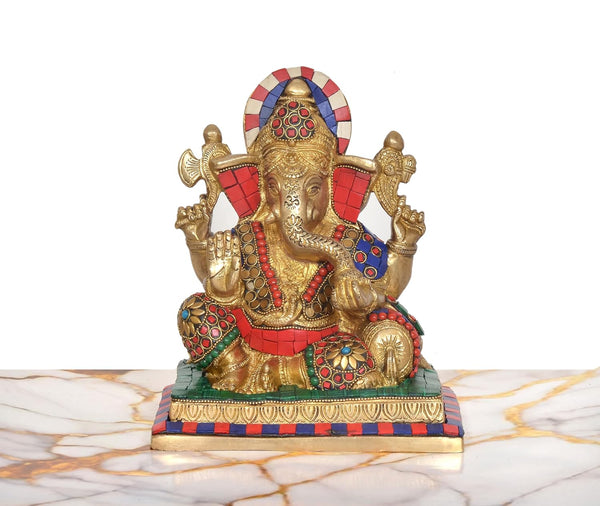 Brass Sitting Lord Ganesha Idol (Height 8 Inch) (Multicolor) Entryway Setting