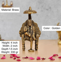 Brass Shirdi Sai Baba statue, 4-inch height, golden color, front view with umbrella