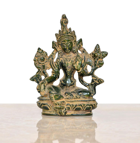 Brass Tara Devi Statue - for Worship, Meditation Spaces, for Home Decor Office, or as a Thoughtful Spiritual Gift. (Height 4 Inch)