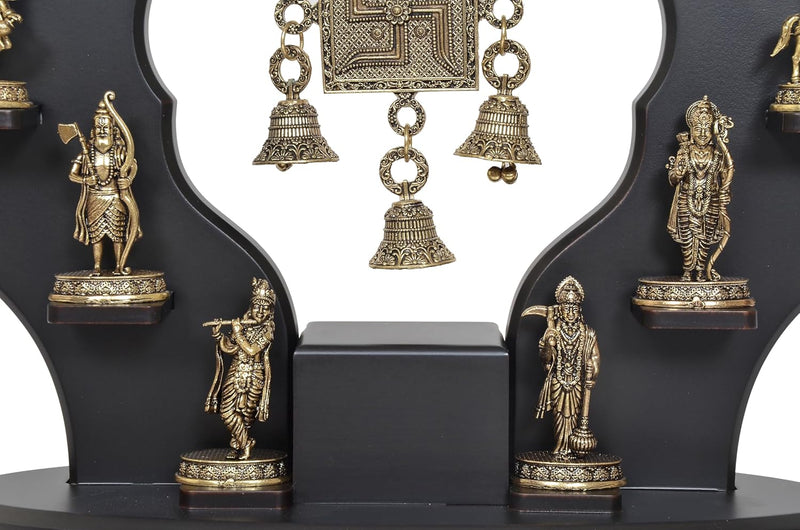 Superfine Brass Dashavatara of Vishnu Swastik with Bells and Wooden Frame Wall Hanging (Height: 14.5 Inch)