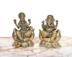 Lakshmi and Ganesh brass statue pair, seated on lotus bases with raised hands