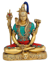 Shiva brass statue, front view; blue hair, trident and drum hands; turquoise and red