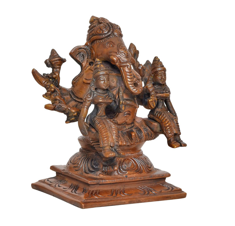 Brass Ganesha with Riddhi and Siddhi Idol - Hindu Deity Statue for Home Temple (Height : 5 inch)