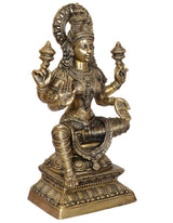 Lakshmi goddess statue, seated lotus posture, jeweled bodice and arm ornaments, brass tone