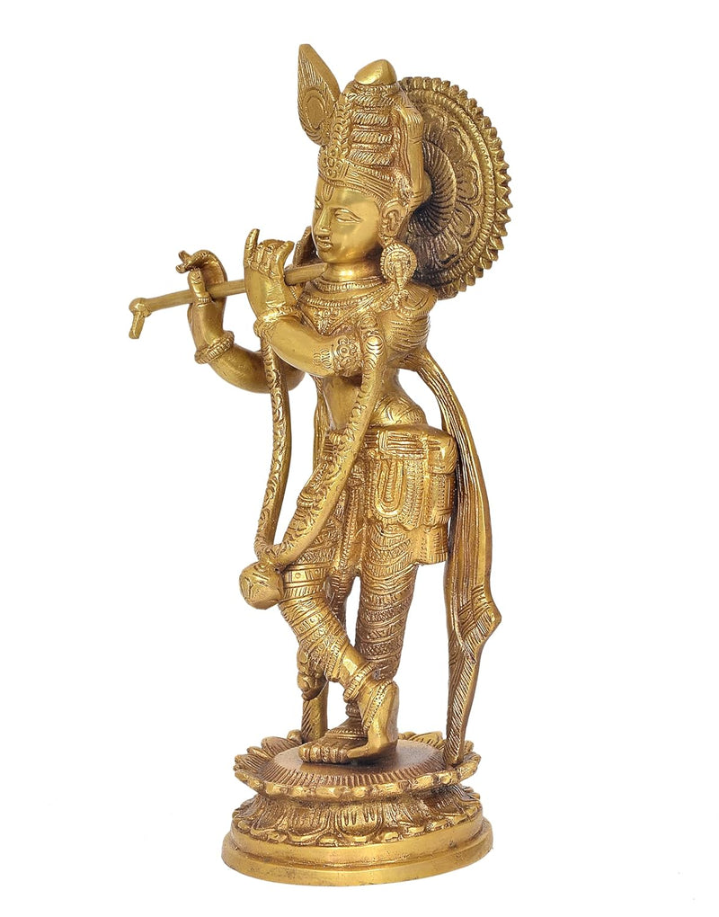 Brass Lord Krishna Idol Statue Sculpture for Home Office Temple Pooja Mandir Decor Gift Showpiece, (Height 11 Inch)