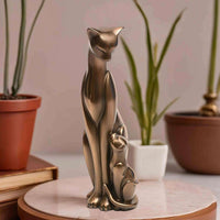 Resin cat family idol: tall mother cat holding two kittens, metallic bronze on base