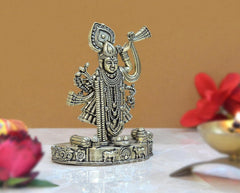 Brass Shreenathji Thakurji statue, 4 inch, detailed face, crown, and hanging ornaments