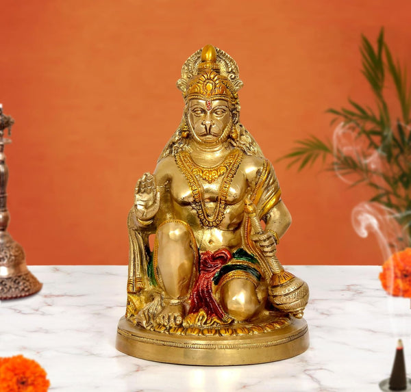 Brass Hanuman JI Sitting in Blessing Sculpture (Height 9.5 Inch)