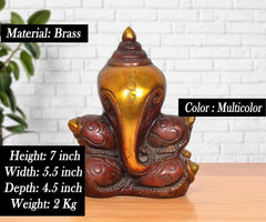 Ganapati-Skulptur aus Messing mit Om-Ornamenten, sitzende Figur mit dekorierten Armen