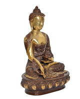 Brass Buddha statue, meditating posture with hands in lap, ornate base and robe details