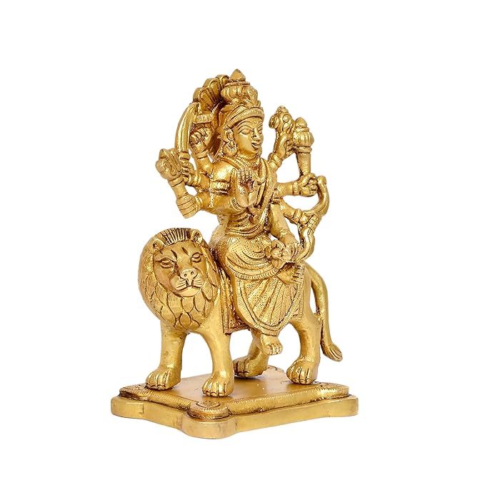 Durga Maa Sitting on Lion Statue Religious Goddess Hindu Devi Maa Durga Brass Sculptures (Height: 5 Inch)