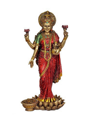 Dattatreya Maa Lakshmi resin idol standing, red sari, golden jewelry, four raised hands