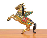 Brass winged flying horse statue in mid-stride pose, multicolor gem-studded details