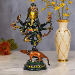 AONA brass dancing Ganesha idol with six arms, golden face, on brown mouse base