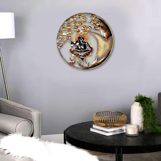 Iron Krishna's Flute on a Swing (Ganeshji) Wall Hanging (20 inch diameter)